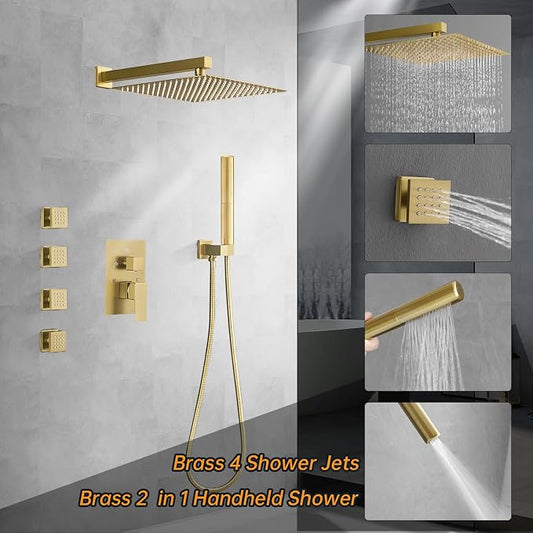 Hoimpro 12 Inch Rainfall Shower Faucet with 4 Full Body Shower Jet Fixtures Combo, Wall Mounted Shower System Set with Rain Mixer Shower Head and 2 in 1 Spray Handheld Showerhead, Brushed Gold