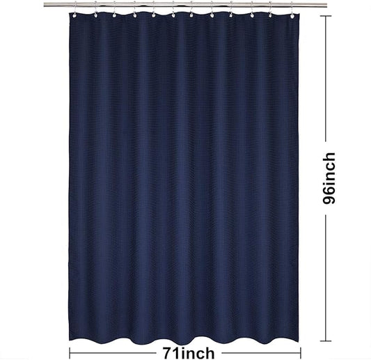 Extra-Long Waffle Weave Shower Curtain 71 Inch W x 96 Inch H - Hotel Luxury Spa, 230 GSM Heavy Weighted Fabric, Water Repellent, Navy Blue, 71x96