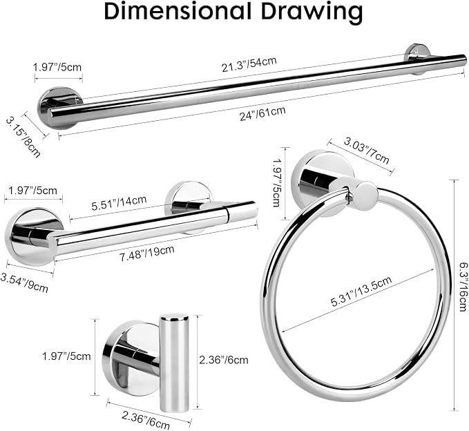Polished Chrome Bathroom Hardware Accessories Set 4 Pieces,Towel Bar Set Stainless Steel Wall Mounted, Includes 24 in Towel Holder Set, Toilet Paper Holder Bathroom Towel Rack Set Silver
