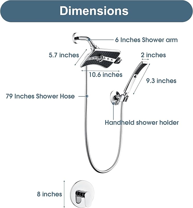 BRIGHT SHOWERS Dual Shower Head System with Handheld and Rainfall Shower, Shower Faucet Set with Valve and Trim Kit, Includes 79-Inch Stainless Steel Hose, Chrome