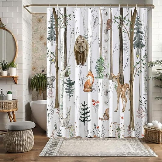 JAWO Camper Shower Curtain, Rustic Lodge Cabin Woodsy Wildlife Animals Woodland Rv Shower Curtains Camper Camping Bathroom Set with Hooks, 47X64 Inch, White