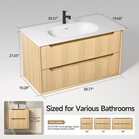 40" Japandi Floating Bathroom Vanity with Sink, Pre-Assembled Natural Oak Multi-Layer Solid Wood Bathroom Sink Vanity, Wall Mounted with Integrated Stone Top and 2 Soft Close Drawers
