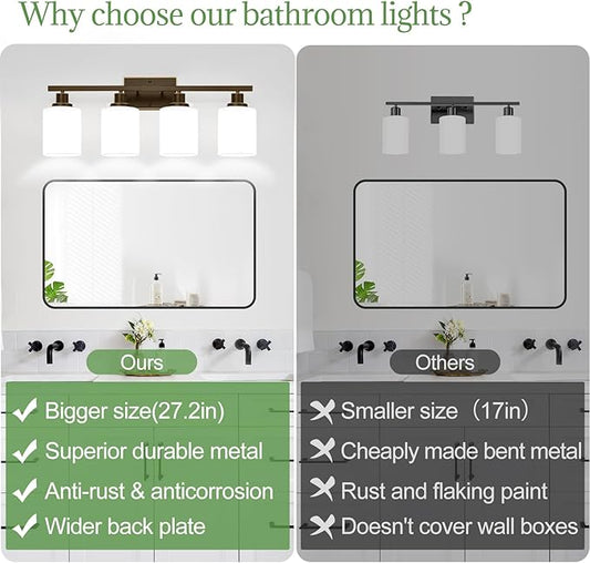 MOKATNG 4-Light Bathroom Light Fixtures, Vanity Light with Milky White Shades, Oil-Rubbed Bronze Bathroom Light Fixtures Over Mirror, Modern Bathroom Wall Lamp for Mirror Living Room Cabinet Bedroom