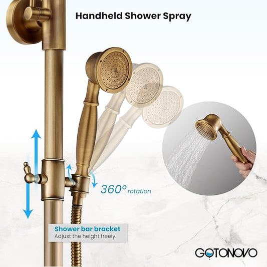 gotonovo Exposed Bathroom Shower Faucet Wall Mounted Shower System 8 Inch Shower Head and Tub Spout Double Cross Handles Adjustable Handheld Sprayer Straight Pipe Antique Brass