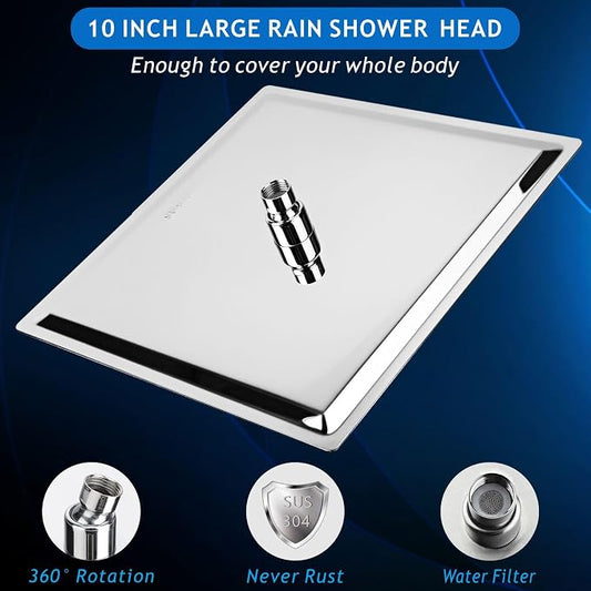 Voolan All Metal Shower Head with Extension Arm, Stainless Steel Waterfall Rainfall Showerheads, High Flow Bathroom Square Rain Shower Head (10’’ Shower Head with 16’’ Shower Arm, Chrome)