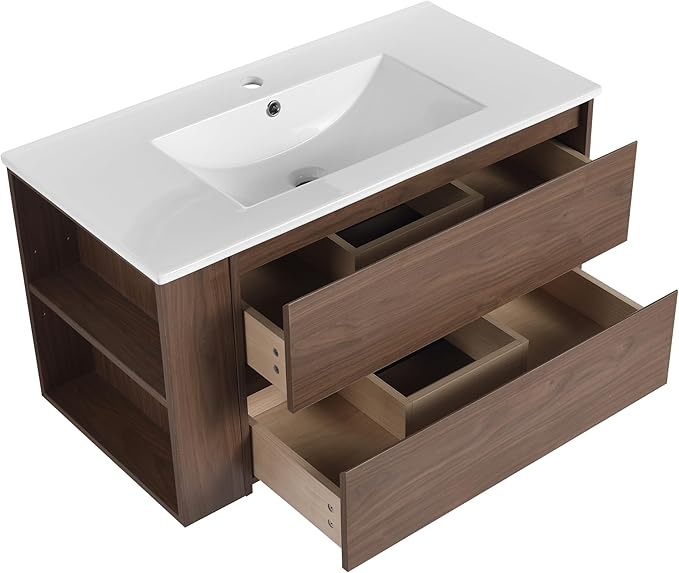 Henf 36inch Wall Mounted Bathroom Vanity with Ceramic Sink, Modern Floating Wood Bathroom Vanity Cabinet with 2 Soft Close Drawers & Open Storage Shelf, Bathroom Sink Vanity with Sink Combo Set,Brown