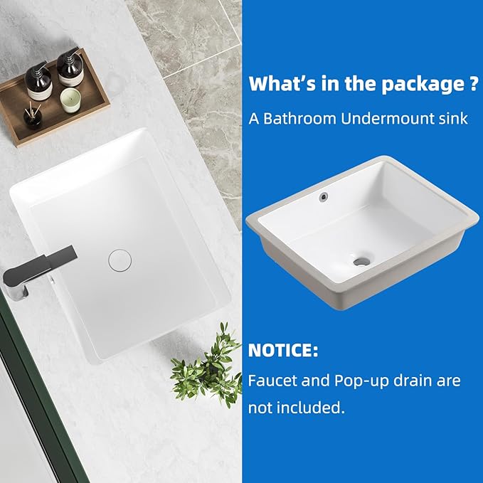 20 Inch Rectangular Undermount Bathroom Sink, KINGWONG 19.5" x 15.9" Under Counter Porcelain Vanity Sink with Overflow, White Ceramic Basin for Bathroom Remodel, Acid & Alkali Resistant, Easy to Clean