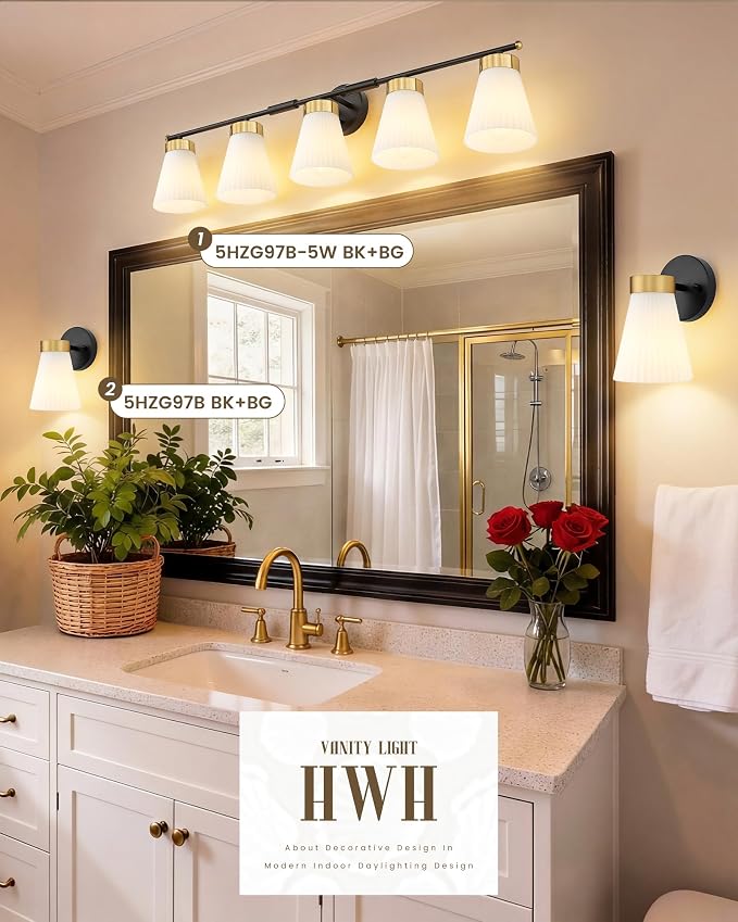 HWH Bathroom Wall Sconces, Black and Gold Finish, 5-Light, 5HZG97B-5W BK+BG | Frosted Milk White Striped Glass, Wall Mount, Modern, Lighting Fixtures for Mirror, Vanity Lights, Sturdy Metal Frame