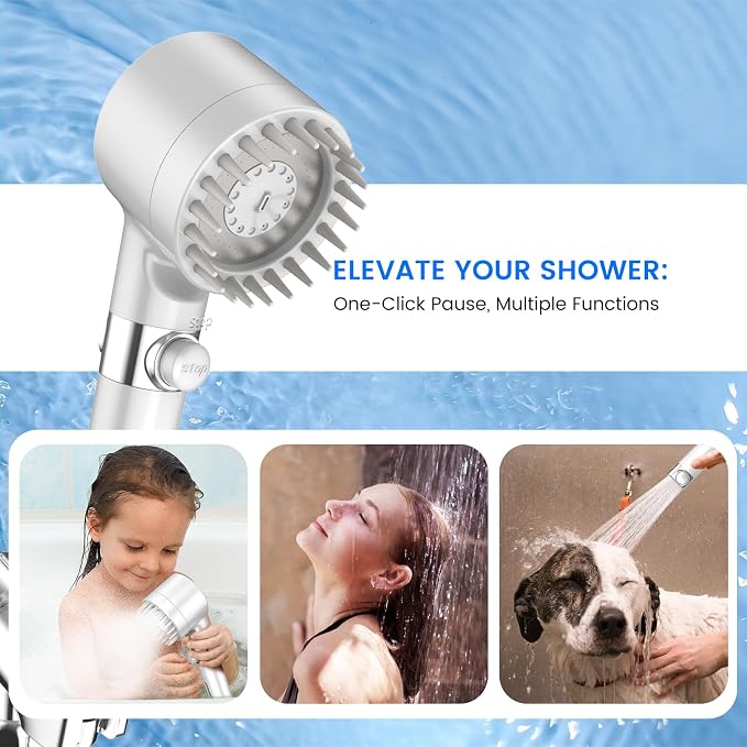 Filtered Shower Head with Handheld,High Pressure Shower Heads with Filters | ON/OFF Switch,4 Spray,Built-in Power Wash,Detachable Showerhead,Silicone Massage Brush,White,Water Softener
