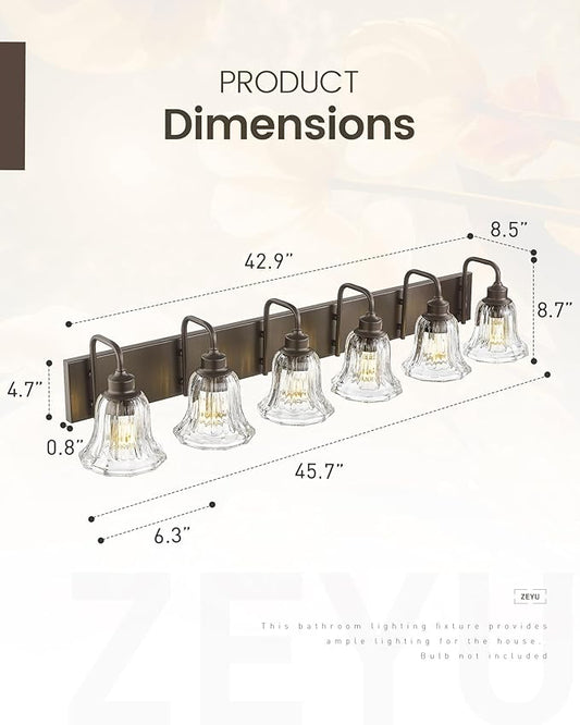 zeyu 6-Light Bathroom Wall Light, 46 Inch Bronze Vanity Lights, Modern Vanity Lamp in Oil Rubbed Bronze Finish with Clear Striped Glass, ZJX117B-6W ORB
