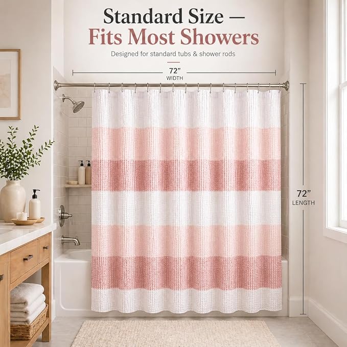 Dainty Home Ombre Waffle Weave Shower Curtain 70 x 72 Blush Textured Fabric Shower Curtain, Hotel Style Waffle Weave Bathroom Curtain, Water Resistant Polyester Ombre Shower Curtain