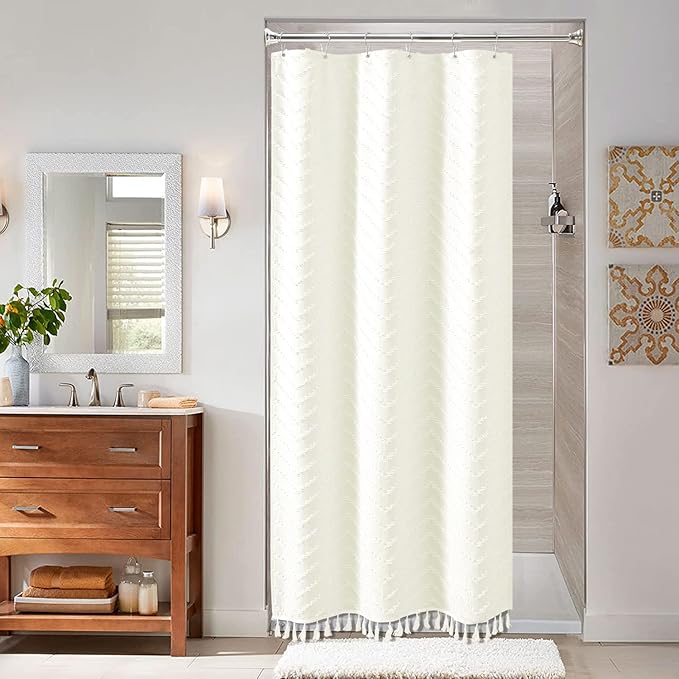 Stall Boho Farmhouse Shower Curtain Tufted Chevron 36"x72" Cream | Narrow Half Size, Elegant Tassel, Soft Lightweight Textured Fabric, Water Repellent, Washable, for Bathroom/Dorm 6 Hooks