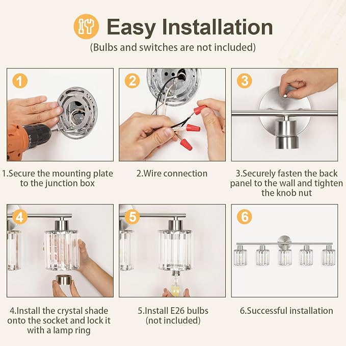 Modern Brushed Nickel Crystal Bathroom Light Fixtures,5-Light | Bathroom Lighting Fixtures over Mirror,Vanity Lights for Mirror, Restroom(Ceramic E26 Socket,Bulbs Not Include)