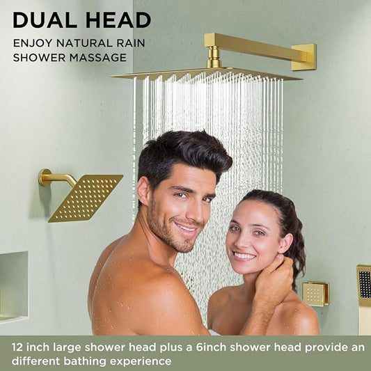Shower Systems with 4 Body Spray Jets, STARBATH 4 Way 12+6" Rainfall Shower Head with Handheld Combo, Wall Mounted Shower Jets System in Wall Shower Faucet Sets Complete,Brushed Gold