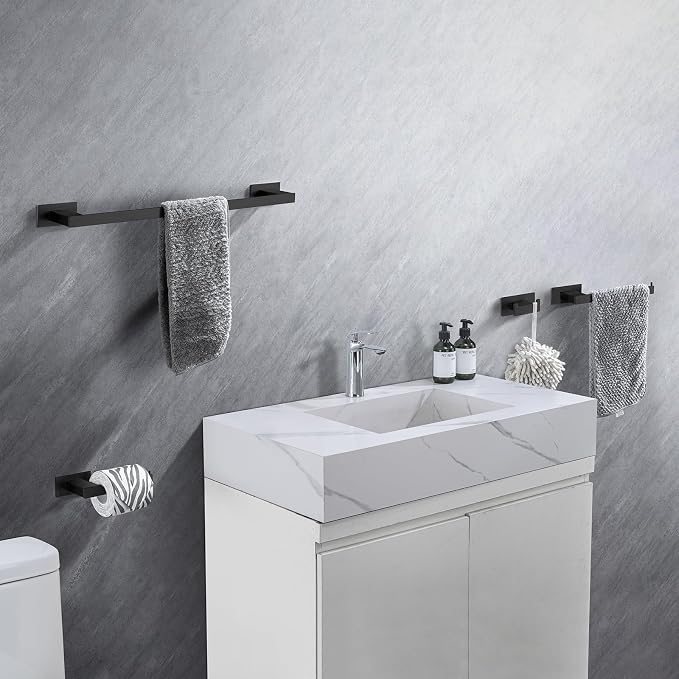 4-Pieces Bathroom Hardware Accessories Set, Towel Rack Towel Bar Toilet Paper Holder Towel Hook Self Adhesive Stainless Steel Towel Rack Set for Bathroom Wall Mounted, Matte Black 16 Inch