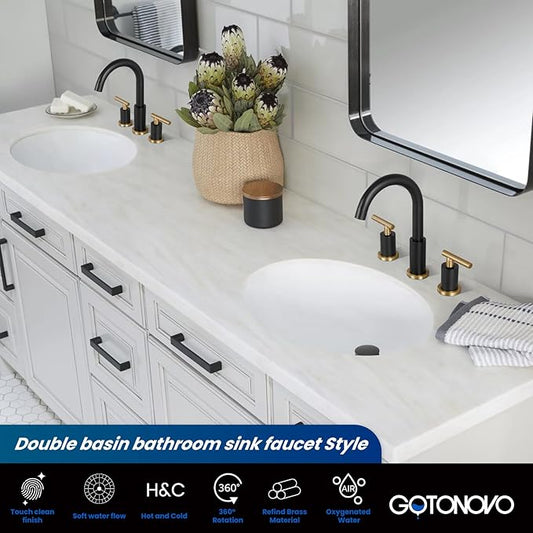 gotonovo 3 Hole 2 Handles Lavatory Basin Bathroom Sink Faucet with Pop Up Drain with Hot and Cold Mixer Valves 8 Inch Widespread Bathroom Faucet Black and Gold