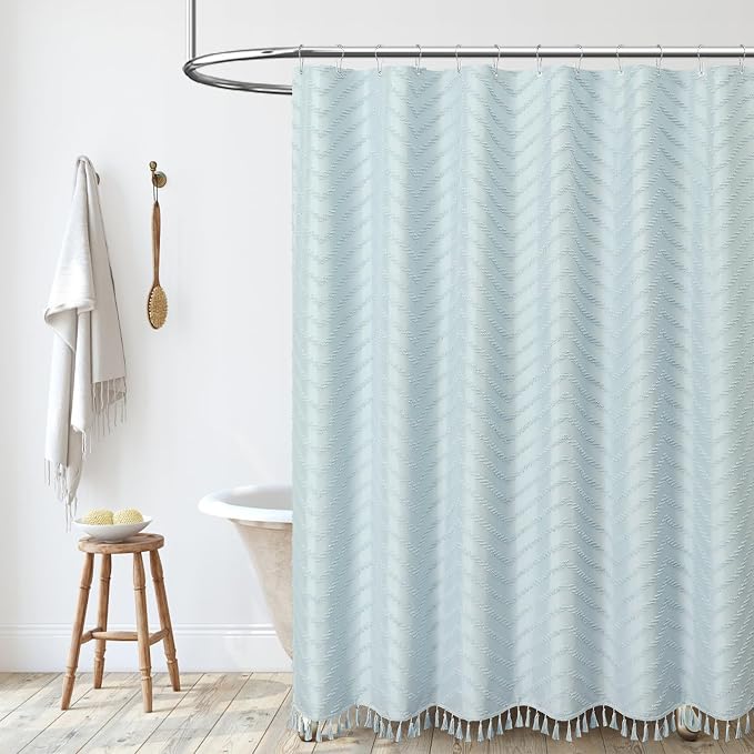 Boho Farmhouse Shower Curtain Tufted Chevron 72"x72" Fog Blue | Elegant Tassel, Soft Lightweight Textured Fabric, Water Repellent, Washable, Hotel Spa, for Bathroom/Dorm/Apartment 12 Hooks