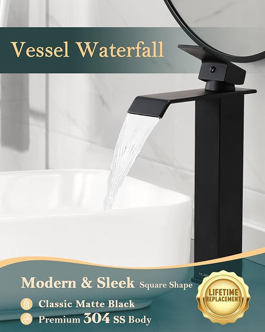KUZOR Matte Black Tall Waterfall Vessel/Bowl Sink Faucet – Single Hole 304 Stainless Steel Bathroom Faucet with Metal Pop-Up Drain, High Arc Spout for Modern Vanities