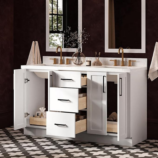 ARIEL Loren 60-inch Bathroom Vanity with Sink,Solid Wood, 1.5-inch Carrara White Quartz Countertop, Double Rectangular Porcelain Sink, 4 Soft Closing Doors, 3 Dovetail Drawers, White