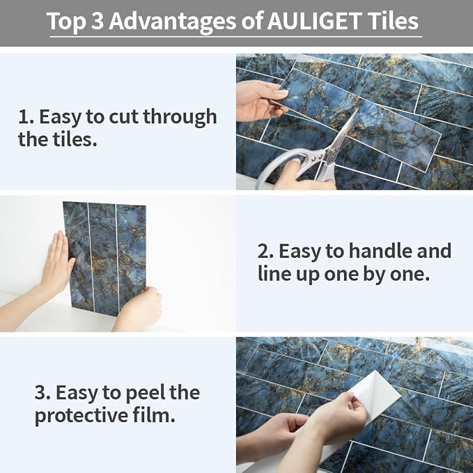 AULIGET 40-Piece Polished Blue Marble Peel and Stick Backsplash Wall Tiles, 3" x 12" PVC Faux Stone Stick on Tiles for Backsplash Kitchen, Bathroom, Laundry Room, Camper, Fireplace