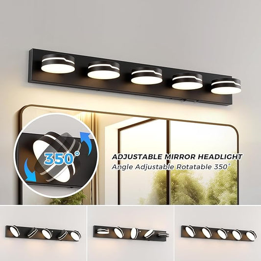 32" Motion Sensor Vanity Light, Matte Black 3CCT 5-Light Modern LED Bathroom Lighting Fixtures Over Mirror, Rotatable Head, Dimmable 3000K-6000K Color Changing Wall Sconce