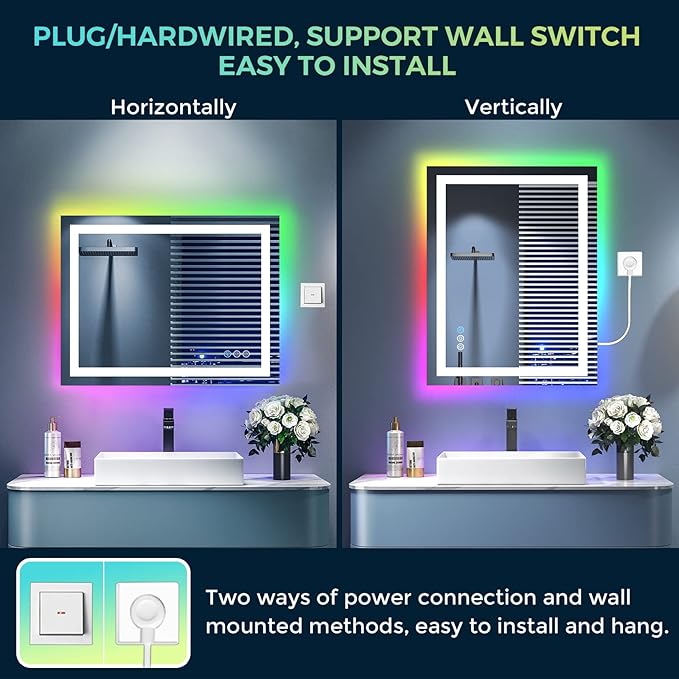 24x32 LED Bathroom Mirror with Lights, RGB Backlit Lighted Mirror | Backlit and Front Light, Anti-Fog, 3 Color Dimmable, Memory, Tempered Glass, IP54 Waterproof, UL Listed