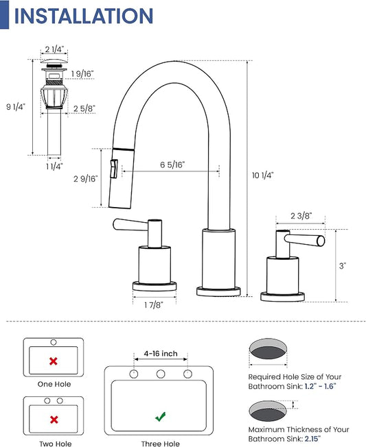 Widespread Bathroom Faucet 3 Hole, Bathroom Faucet with Pull Down Sprayer | Lead-Free, 8 Inch Bathroom Sink Faucet, Stainless Steel Vanity Faucet 3 Hole, Brushed Nickel Faucet for Bathroom Sink
