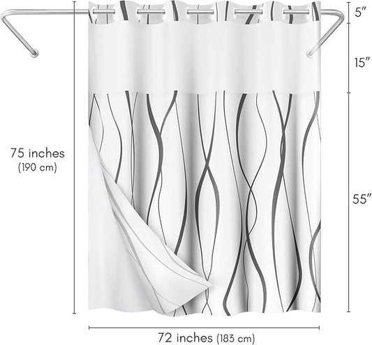 Americanflat 72x75 Hookless Shower Curtain - Water-Resistant Soft Waves Shower Curtain with Sheer Panel, Snap-in Liner, and Durable Grommets - 100% Polyester - Black and White