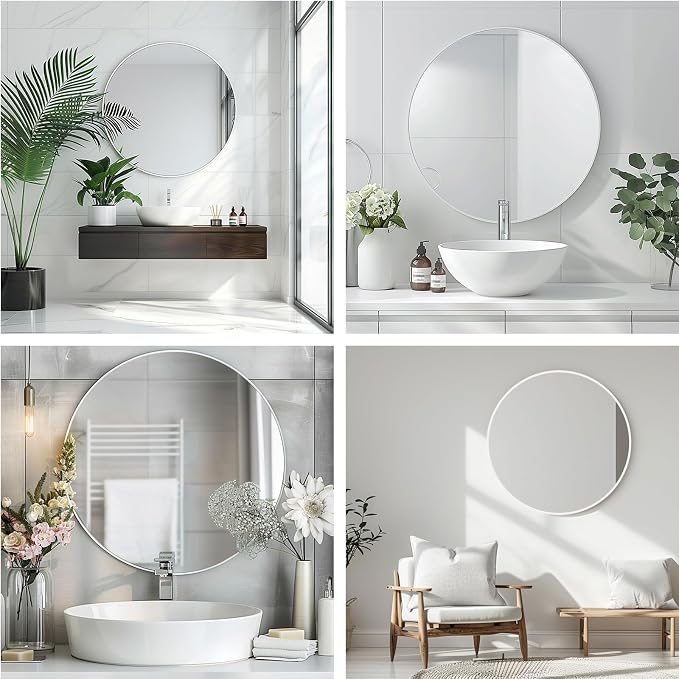 Round White Mirror 24 Inch, Matte White Metal Frame, Circle Mirror | Circular Wall Mounted Mirrors for Bathroom, Living Room, Bedroom, Entryway, Hallway, Dining Room, Wall Decor, Thin Frame