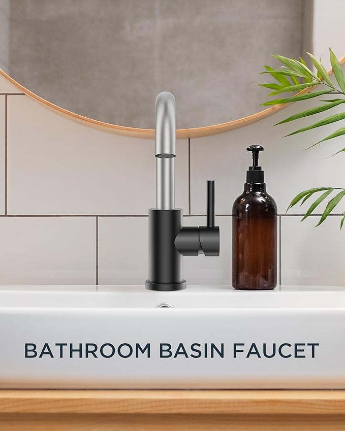 FORIOUS Black and Brushed Nickel Bathroom Sink Faucet 1 or 3 Hole with Metal Pop Up Drain and Hoses, Single Handle Vanity Faucet for Bathroom Bar Kitchen RV, 360° Swivel High Arc Spout