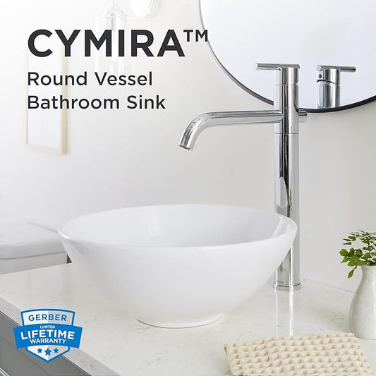 Gerber Cymira 15 in. Round Vessel Bathroom Sink, Above-Counter Glazed White Fireclay Ceramic Vanity Sink, Modern Transitional Basin Sink Bowl, G0013771