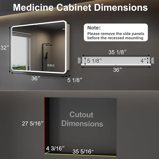 36 x 32 Inch Medicine Cabinet with Mirror and LED Light for Bathroom | Recessed, Wall-Mounted, Dimmable, Anti-Fog, Memory Function, 3 Color Mode, Outlet&USB, Adjustable Shelf, ETL Listed, Aluminum