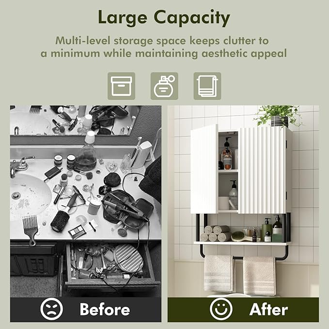 RUSTOWN Fluted Bathroom Wall Cabinet with 2 Doors, 3-Tier Medicine Cabinet | Modern Farmhouse Wall Mounted Cabinets, Over The Toilet Storage Cabinet, Adjustable Shelf and Towel Bar, Medium