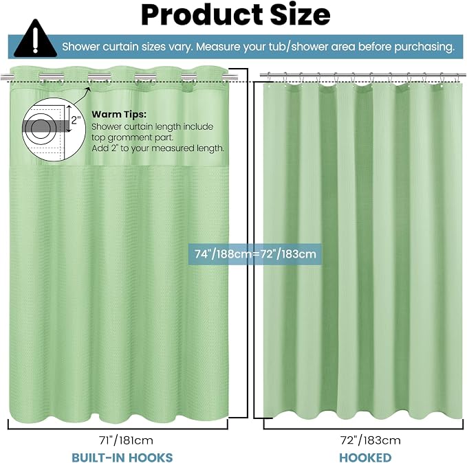 SORTTO No Hook Shower Curtain with Snap in Liner Set Waffle Shower Curtain for Bathroom Hotel Style Fabric Waterproof Inner Liner,71" W x 74" H, Green