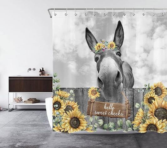 HVEST Funny Donkey Shower Curtain Farmhouse Western Animal Shower Curtain Set with Hooks Vintage Sunflower Yellow Floral Bath Curtain for Bathroom Decor Accessories, 72X72 inches