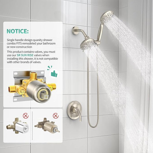 SR SUN RISE Dual 2 in 1 Shower System with Handheld,Brushed Nickel | 3-Way Diverter Rain Shower Combo Set,6 Spray Setting,High Pressure,Soild Brass,Included Valve and Trim Kit