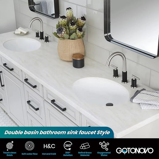 gotonovo 3 Hole 2 Handles Lavatory Basin Bathroom Sink Faucet with Pop Up Drain with Hot and Cold Mixer Valves 8 Inch Widespread Bathroom Faucet Black & Brushed Nickel