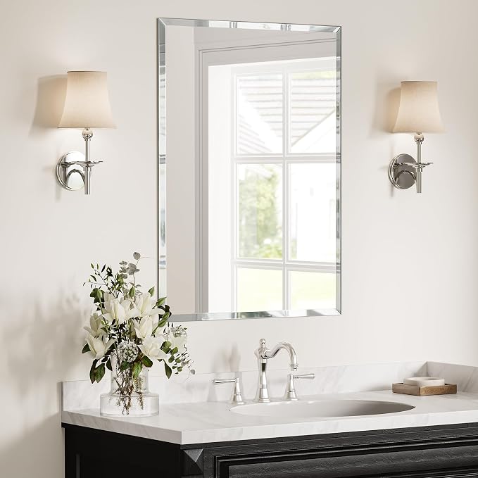 24"x36" Frameless Beveled Rectangular Bathroom Mirror for Over Sink | Broad coverage balances wider vanities and double-sink layouts, while polished edges keep the wall open, bright and refined