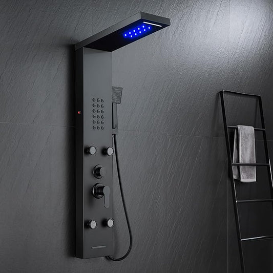 POPFLY Shower Panel Tower System, LED Rainfall & Waterfall Shower Head | Body Massage Jets, Handheld Shower & Tub Spout, Matt Black Stainless Steel Wall-Mounted Bathroom Shower Column Tower