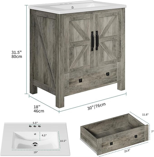 YITAHOME 30 Inch Farmhouse Bathroom Vanity with Sink, Small Space Bathroom Storage Cabinet with Large Drawer, 2 Wood Barn Doors with Built-in Door Racks