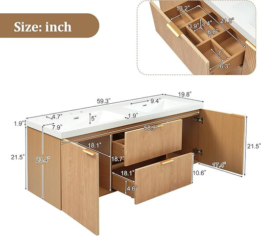 Merax 60 inch Bathroom Vanity with Double Sink, Floating Bathroom Vanities with SMC Resin Top, Painted MDF Cabinet with Solid Wood Frame, Wall-Mounted Modern Storage Vanity for Large Bathrooms