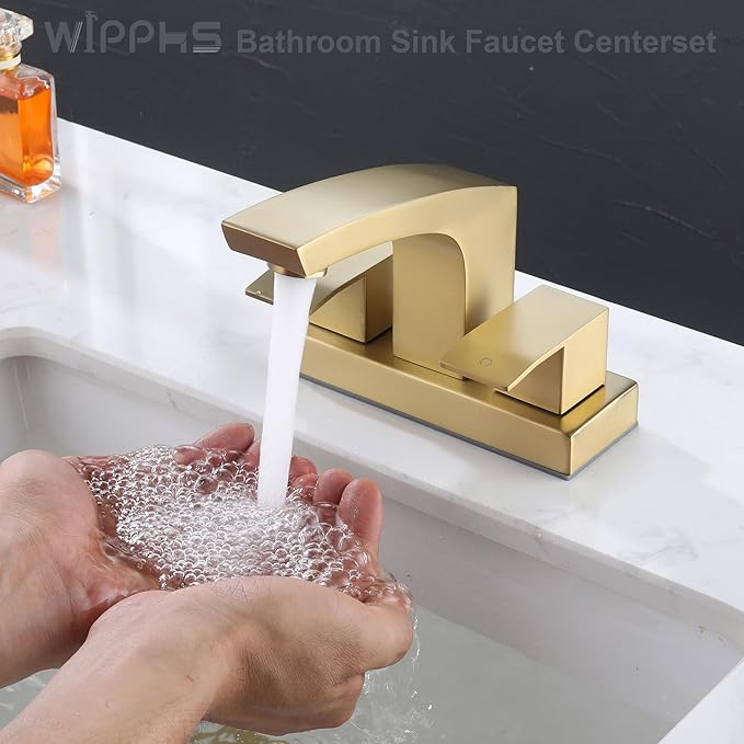 Gold Bathroom Sink Faucet Centerset, Stainless Steel Brushed Gold Faucet for Bathroom Sink with Pop Up Drain Assembly and cUPC Supply Lines, 4 in Center Set 2 Handle Bathroom Faucet Matte Gold