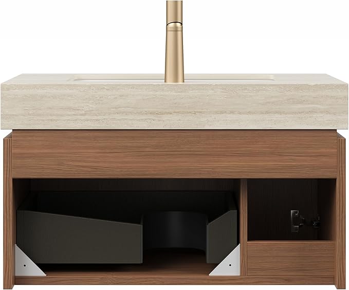 Ambrovina 30" Floating Bathroom Vanity with Sink, Modern Plywood Bathroom Storage Cabinet with Drawer and Door, Light Yellow Sintered Stone Countertop, White Ceramic Basin, Pre-Assembled, Light Oak