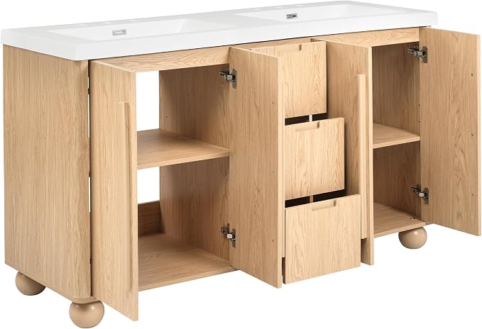 60 Inch Double Bathroom Vanity with Double Sinks, Soft Closing Doors and Drawers, Solid Wood Frame & MDF Modern Bathroom Sink Cabinet, Freestanding, Nature Wood