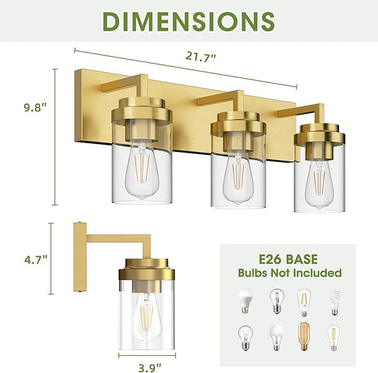 Bathroom Lighting Fixtures, 3-Light Bathroom Vanity Lights Over Mirror, Brass Vanity Light with Glass Shade, Modern Vanity Lighting Fixtures for Bedroom, Hallway