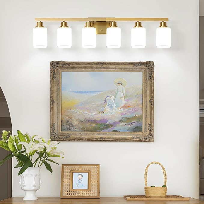 Brushed Gold Bathroom Vanity Light,6-Light Bathroom Light Fixtures with Square Frosted Glass,Gold Bathroom Wall Lamp Sconces for Mirror Bedroom,Living Room Hallway,E26