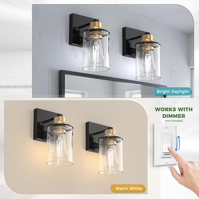 Wall Sconces Set of 2 for Bathroom, Modern Vanity Light Fixtures with Clear Glass Shade, Black and Gold Wall Mount Lighting Lanterns for Bedroom Living Room Mirror Hallway Kitchen
