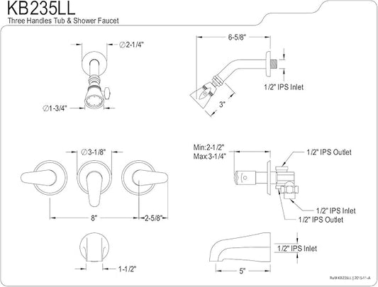 Kingston Brass KB235LL Tub and Shower Faucet with 3-Legacy Lever Handle, Oil Rubbed Bronze