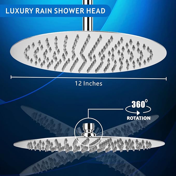 Voolan Rain Shower Head, High Flow Large Rainfall Showerhead Made of All Metal Stainless Steel, Waterfall Body Covering, Universal Wall and Ceiling Mount (12 Inch, Chrome)