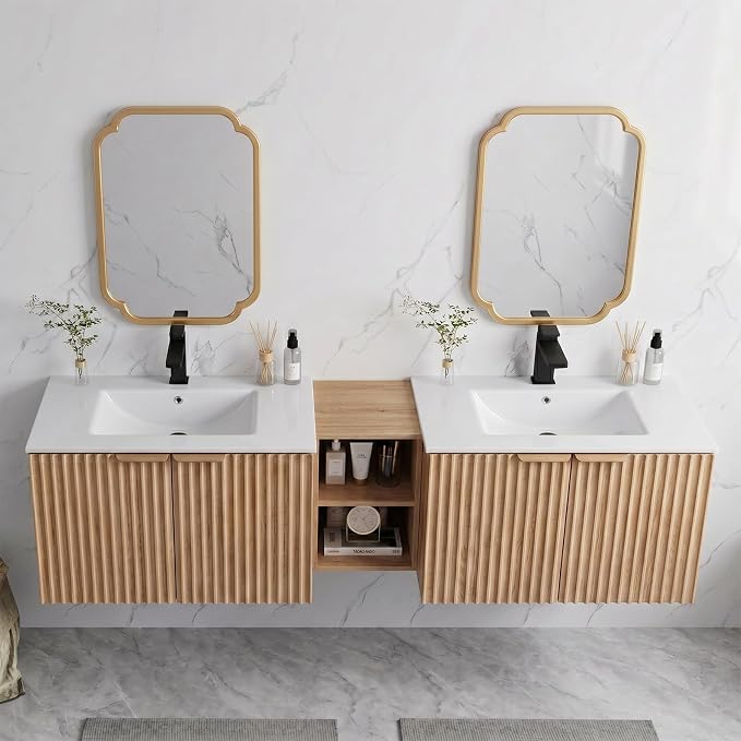 72 Inch Floating Bathroom Vanity with Double Sink, Bathroom Double Sink Cabinet with Soft Close Door Waterproof Storage, Wood Color